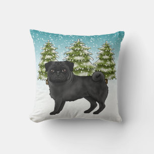 Coussin Carlin noir mignon caricature Chien Snowy Winter F