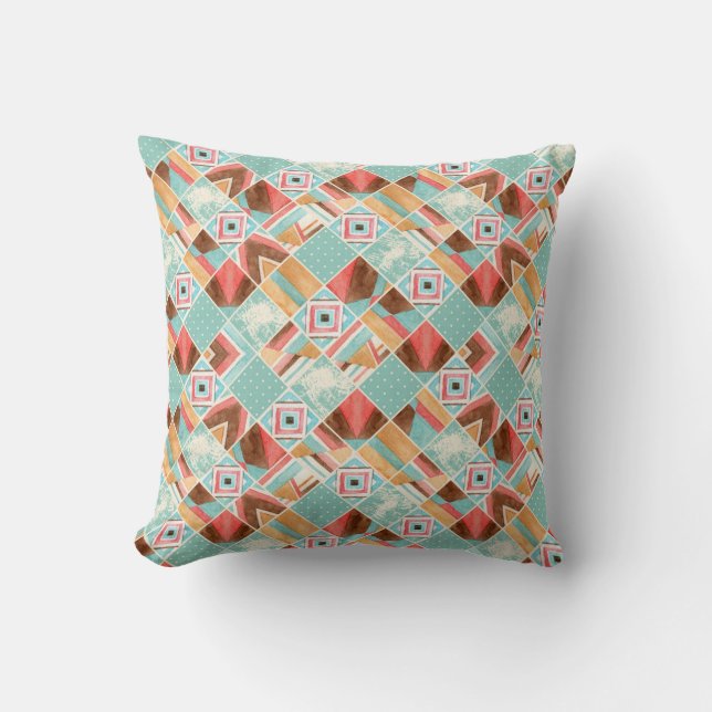 Coussin Carré aquarelle, arrière - plan géométrique patchw (Recto)