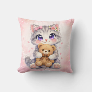 Coussin Carré de chaton mignon qui enlace un ours en peluc