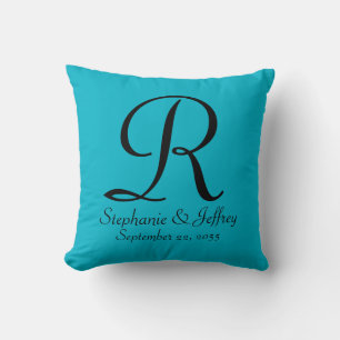 Coussin Carré de monogramme personnalisé bleu vif