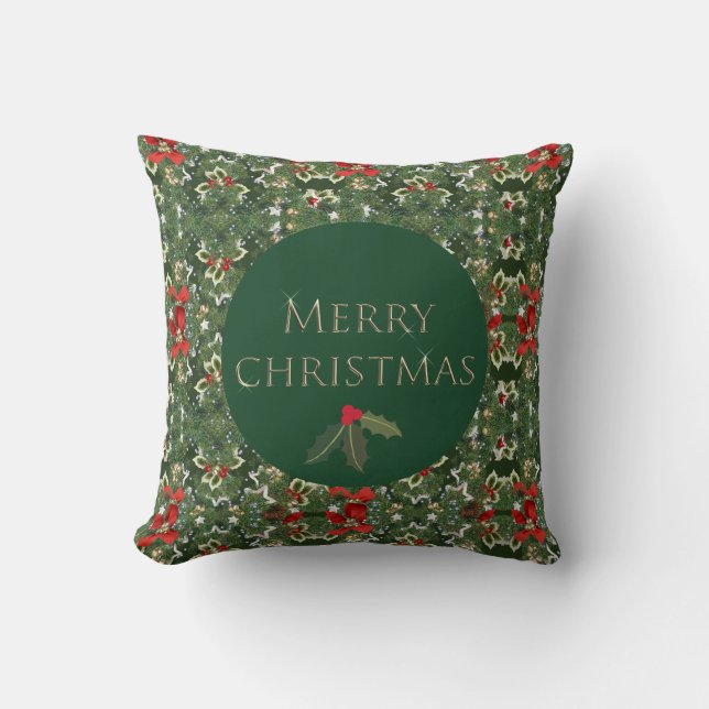 Coussin Carré de Noël vert et rouge motif houx (Recto)