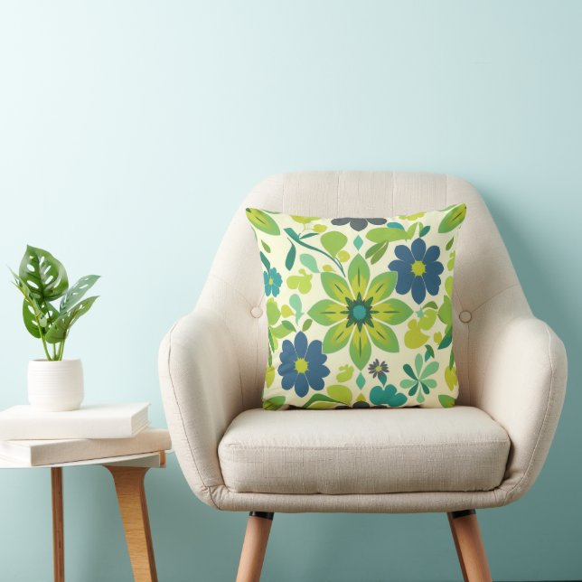 Coussin carré décoratif floral bleu et vert (Chaise)