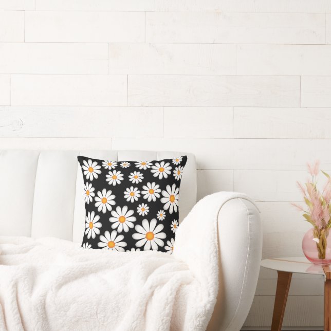 Coussin carré fleurs illustrées noir blanc (Canapé)