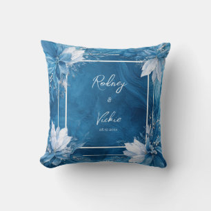 Coussin Carré Floral Blanc Liquide Marbré Bleu Saphir