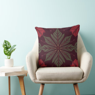 Coussin carré jeté à feuilles rouges et vertes