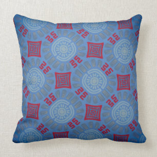 Coussin carré Jimette Design bleu rouge gris.