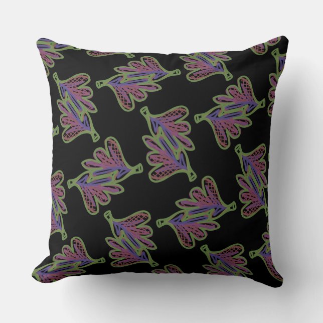 Coussin carré Jimette Design rose sur noir. (Recto)