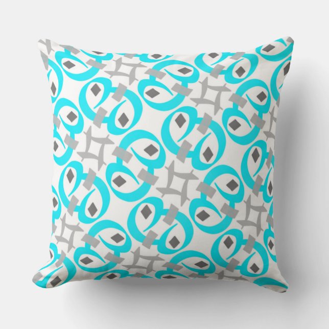 Coussin carré Jimette Design turquoise gris blanc (Recto)