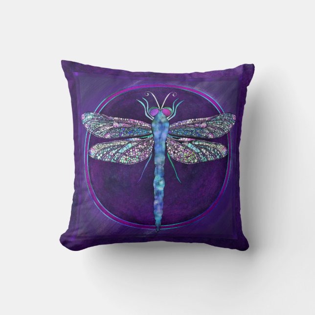 Coussin carré libellule aux tons de bijoux rêveurs (Recto)