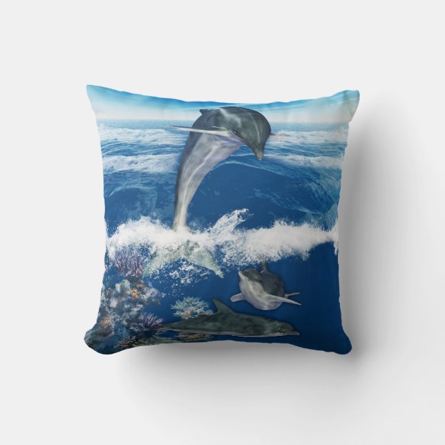 Coussin Carreau 16" de polyester d'art de dauphin x 16" (Recto)