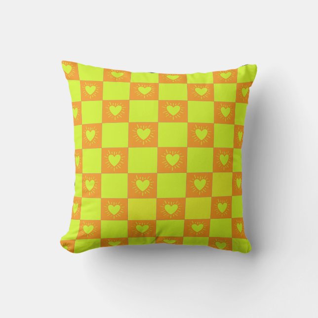 Coussin Carreau à carreaux vert orange vif avec cœurs (Recto)