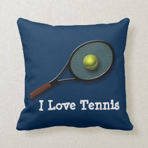 Coussin Carreau aime tennis de bleu "je" avec la raquette