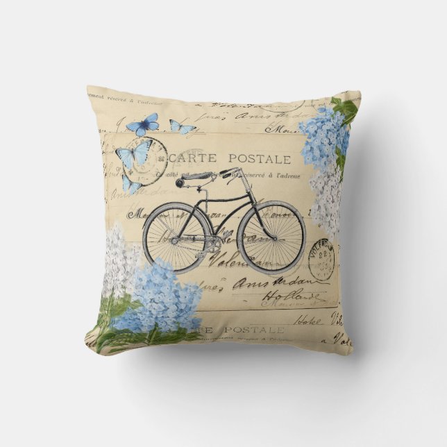 Coussin Carreau bleu de Paris d'hortensia de bicyclette (Recto)