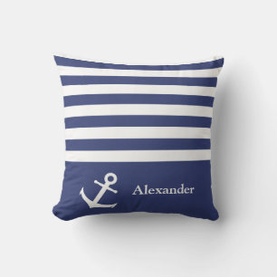 Coussin Carreau bleu et blanc nautique nommé fait sur