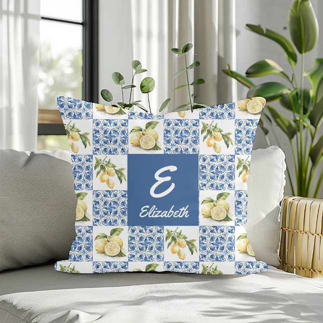 Coussin Carreau bleu français pays citron monogramme nom (Créateur téléchargé)