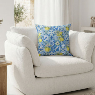 Coussin Carreau bleu motif de citron de style français pou