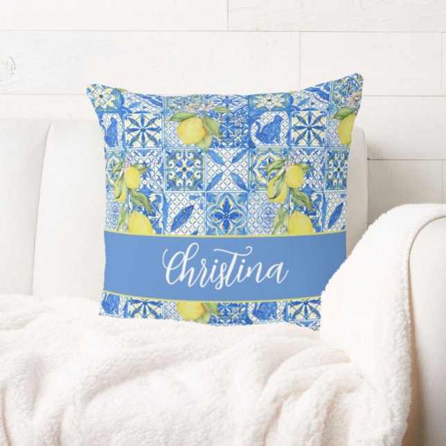 Coussin Carreau bleu motif français de citron monogramme (Créateur téléchargé)