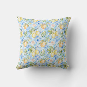Coussin Carreau bleu sicilien italien jaune citron aquarel
