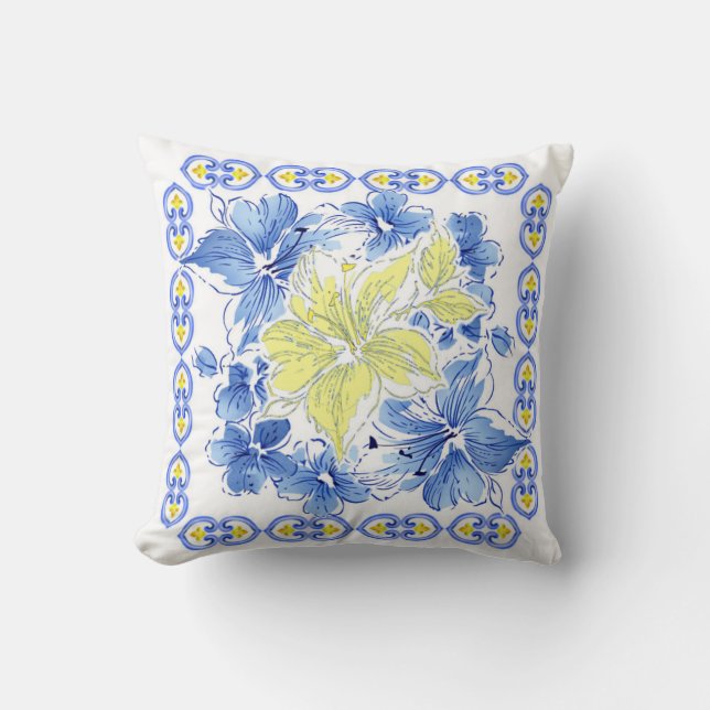 Coussin Carreau carré floral bleu et jaune (Recto)