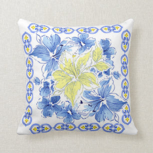 Coussin Carreau carré floral bleu et jaune