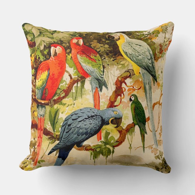 Coussin Carreau d'animaux de faune d'oiseaux de perroquet (Recto)