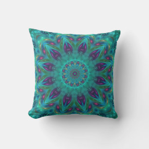 Coussin Carreau d'art de fractale de turquoise
