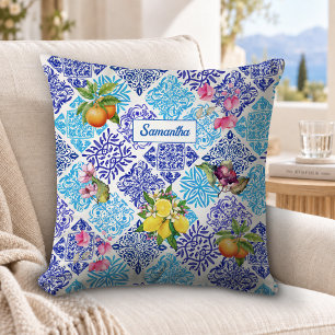 Coussin Carreau d'azulejo bleu méditerranéen vibrant de ci