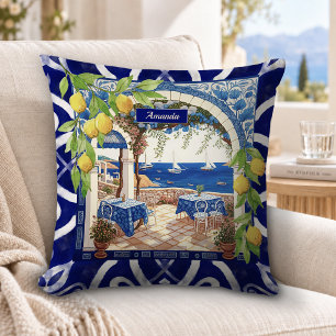 Coussin Carreau de Citron de Majolique Sicilienne Bleu Vib