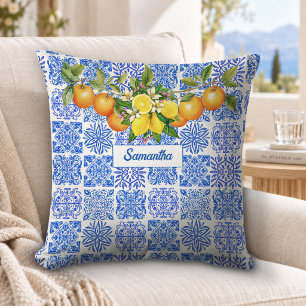 Coussin Carreau de Citron Méditerranéen Bleu Jaune Sicilie