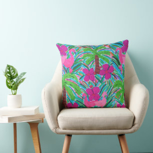Coussin Carreau de Flamants roses et de palmiers de partie