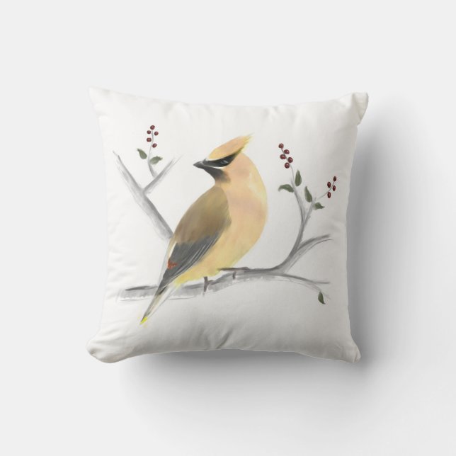 Coussin Carreau de jaseur de cèdre d'aquarelle (Recto)