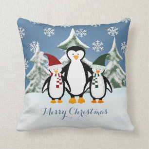 Coussin Carreau de Joyeux Noël de famille de pingouin