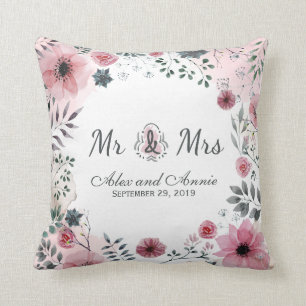 Coussin Carreau de M. et de Mme Floral Watercolor Wedding