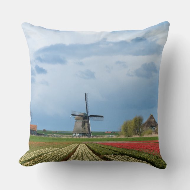 Coussin Carreau de moulin à vent et de paysage de tulipes (Recto)