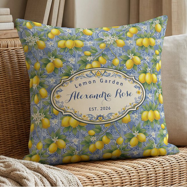 Coussin Carreau de style provençal bleu citron avec monogr (Créateur téléchargé)
