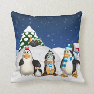 Coussin Carreau de vacances d'hiver de famille de pingouin