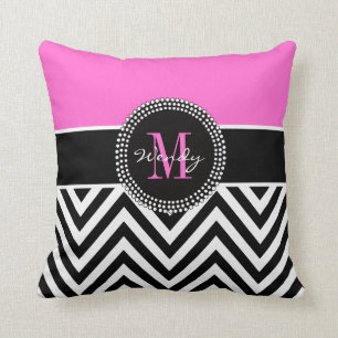Coussin Carreau élégant de monogramme noir rose de Chevron