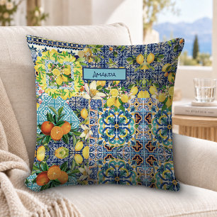 Coussin Carreau floral de citrus sicilien bleu chic turquo