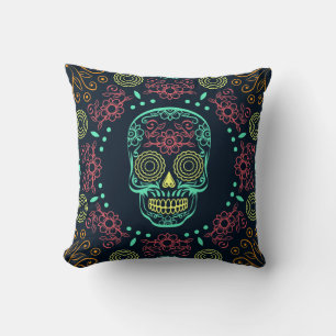 Coussin Carreau floral de crâne de Dia de los Muertos Neon