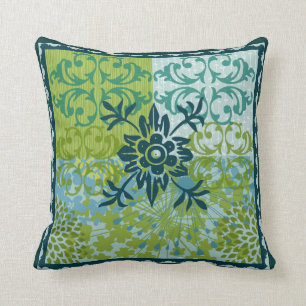 Coussin Carreau floral de motif de damassé de vert bleu