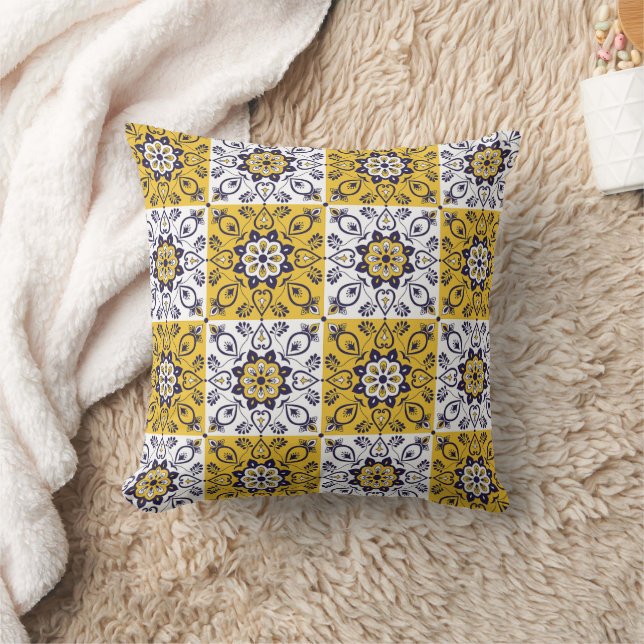 Coussin Carreau floral jaune et bleu méditerranéen (Couverture)