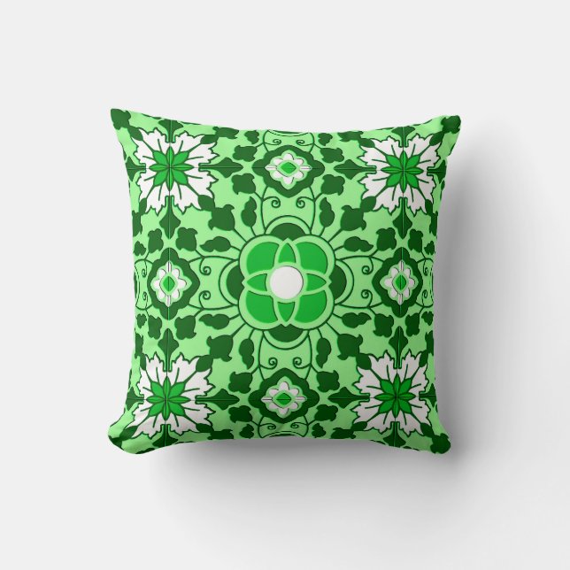 Coussin Carreau floral marocain, vert émeraude et vert cit (Recto)