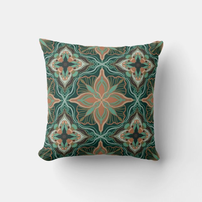 Coussin Carreau floral sarcelle marocain aquarelle (Recto)