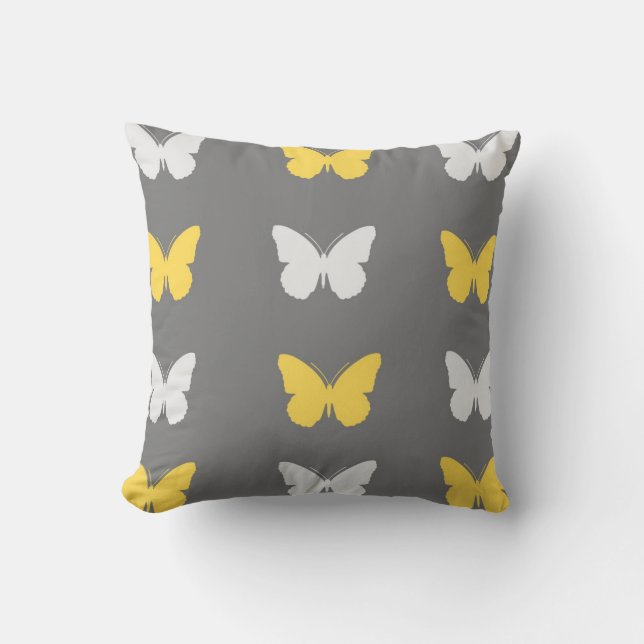 Coussin Carreau gris, jaune, et blanc de papillon (Recto)