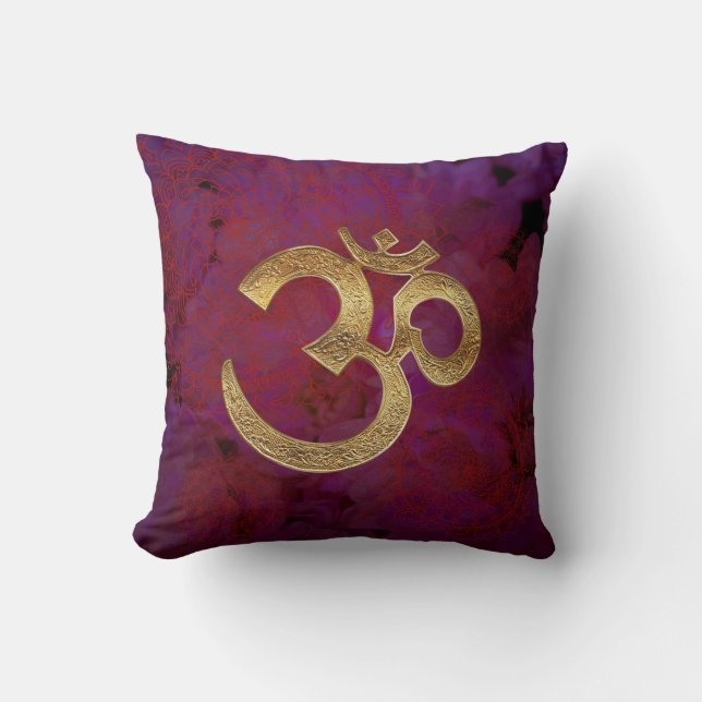 Coussin Carreau indou de yoga d'or pourpre d'OM AUM (Recto)