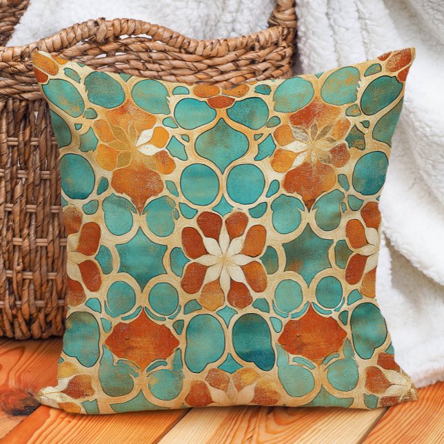 Coussin Carreau marocain en terre cuite turquoise Boho ton (Turquoise Terracotta Moroccan Tile Boho Earth Tone Throw Pillow)