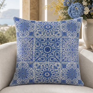 Coussin Carreau méditerranéen bleu blanc motif botanique