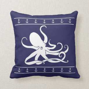 Coussin Carreau nautique de bleu marine d'Ancre de poulpe