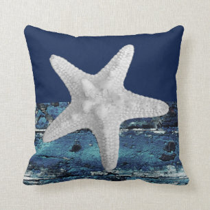 Coussin Carreau nautique d'étoiles de mer bleues rustiques