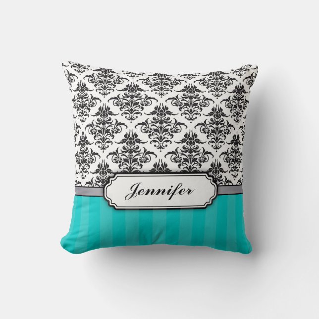 Coussin Carreau noir et blanc de damassé - turquoise (Recto)